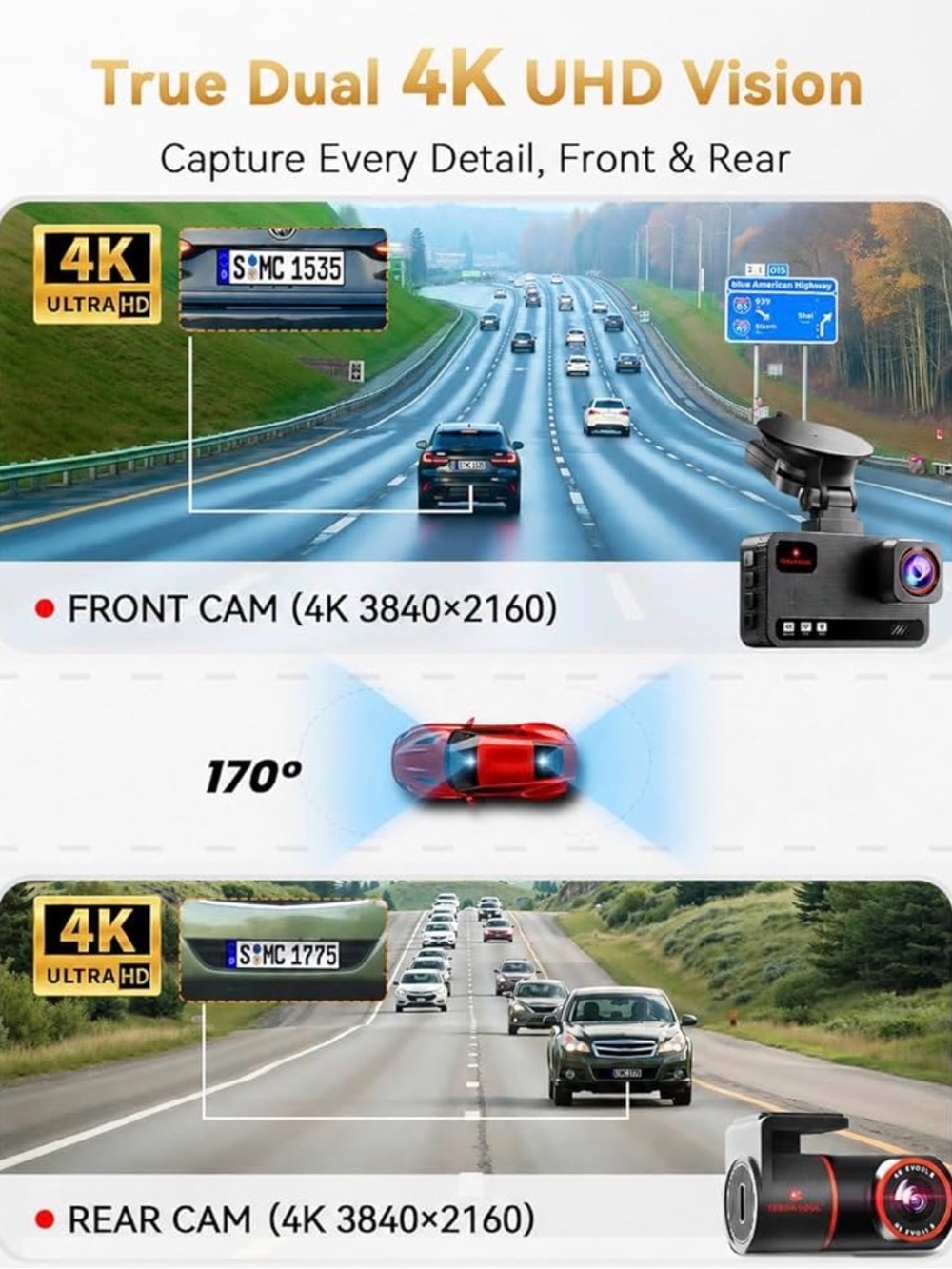 TERUNSOUL 4K Dash Cam - Black with Red Accents - Picture 3 of 10